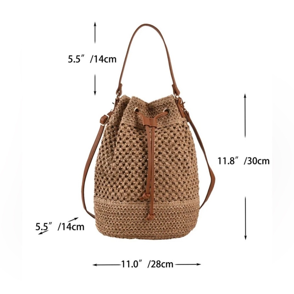 Boho Straw Vegan Leather Strap Bucket Crossbody Bag - Picture 7 of 7